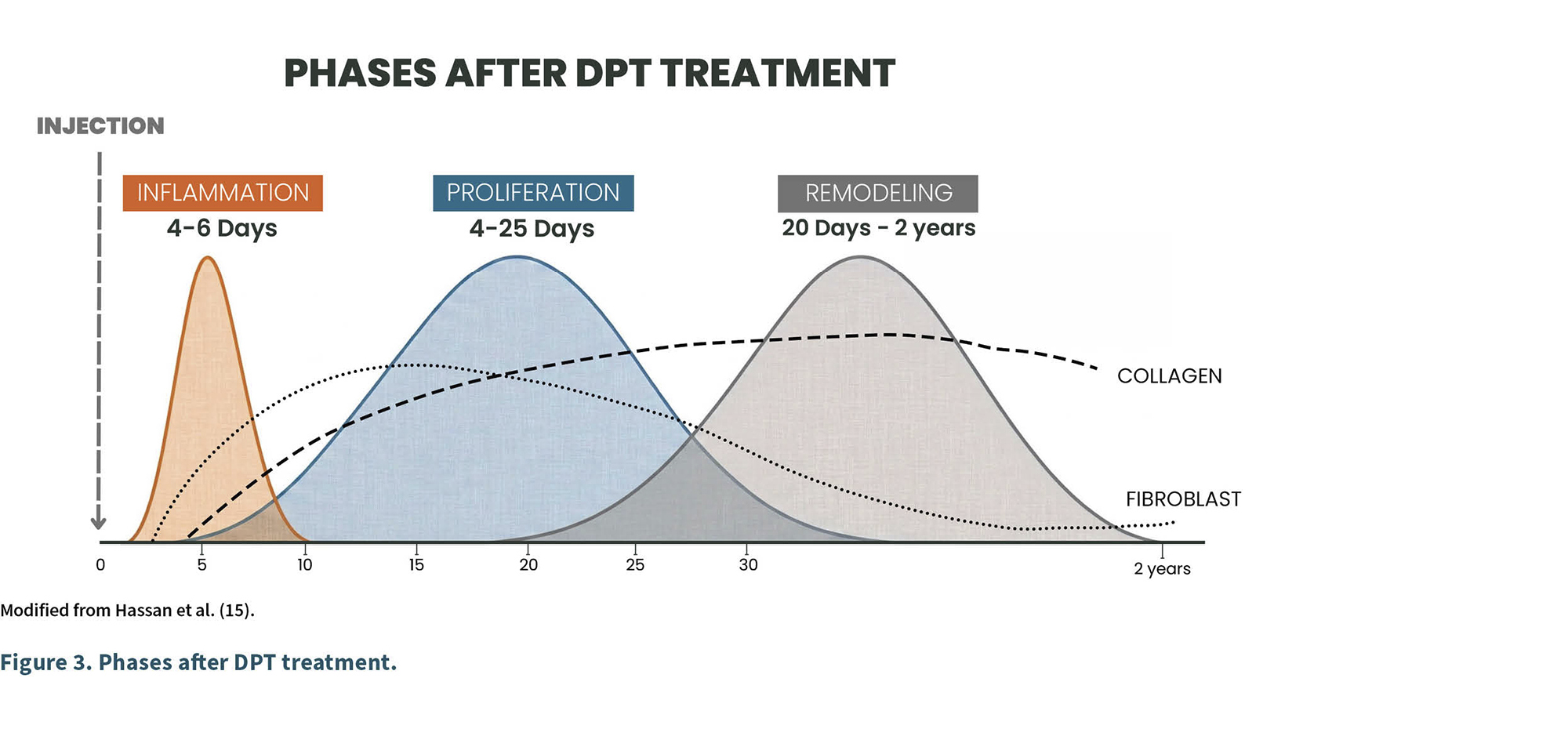 Las fases después del tratamiento DPT muestran inflamación, proliferación y remodelación con diferentes duraciones y niveles de colágeno y fibroblastos representados en un gráfico de curvas superpuestas.

Descripción generada con IA