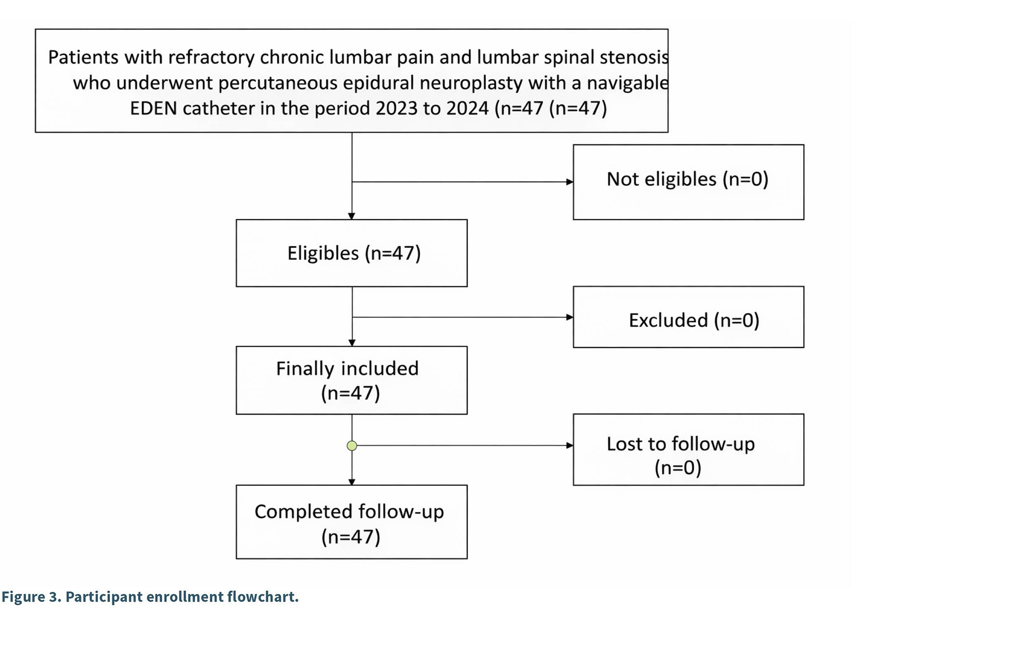 Diagrama de flujo que muestra el proceso de inclusión y seguimiento de pacientes con dolor lumbar crónico y estenosis espinal lumbar tratados con un catéter epidural neuroplástico navegable en un estudio entre 2023 y 2024.

Descripción generada con IA