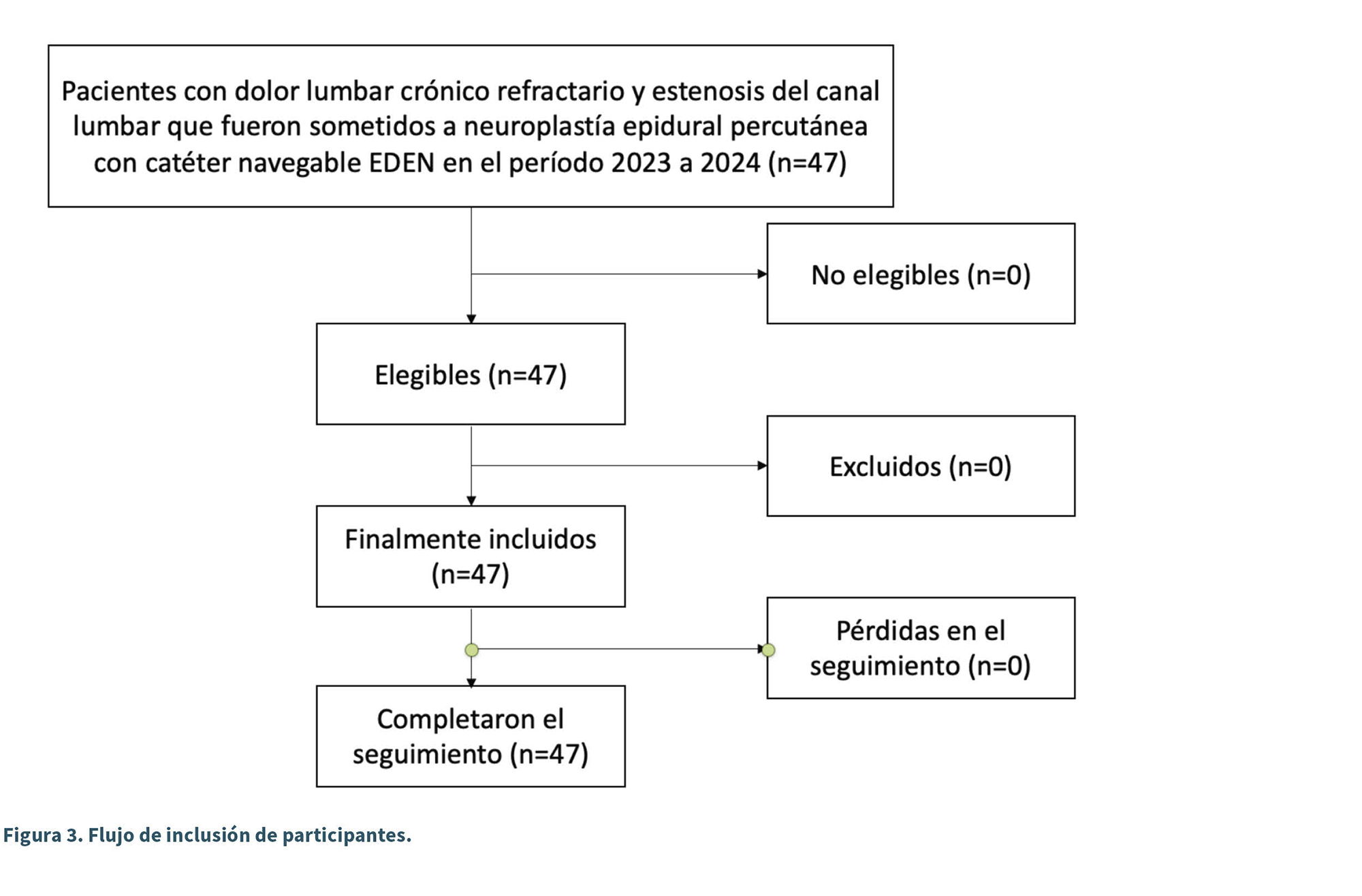 Diagrama de flujo que muestra la inclusión y seguimiento de pacientes con dolor lumbar crónico refractario sometidos a neuroplastia epidural percutánea con catéter navegable EDEN en un estudio entre 2023 y 2024.

Descripción generada con IA